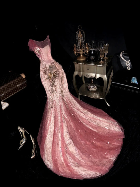 Enchanting Spaghetti Straps Pink Prom Dress Sequins Appliques Mermaid Evening Dress GG6090
