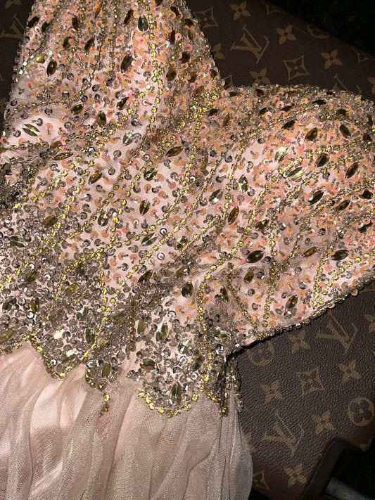 Chic Strapless Apricot Prom Dress Crystals Sequins A-Line Evening Dress GG6119