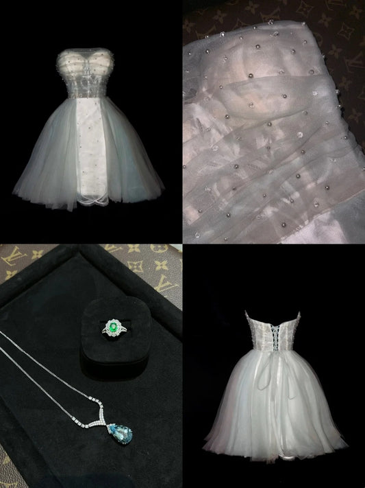 Fascinating Strapless Blue Homecoming Dress Beads A-Line Tulle Birthday Dress GG6171
