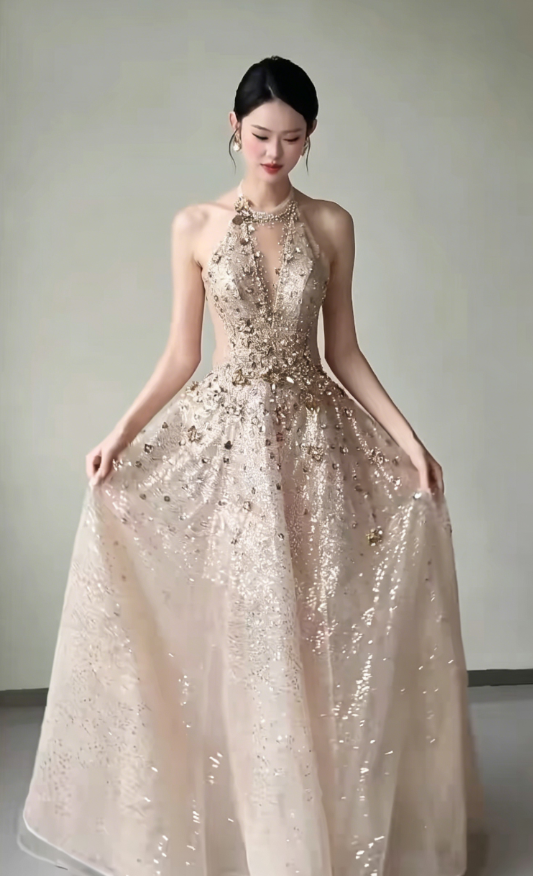 Sparkling Halter Neck Beige Prom Dress Beading Sequins A-Line Evening Dress GG6207