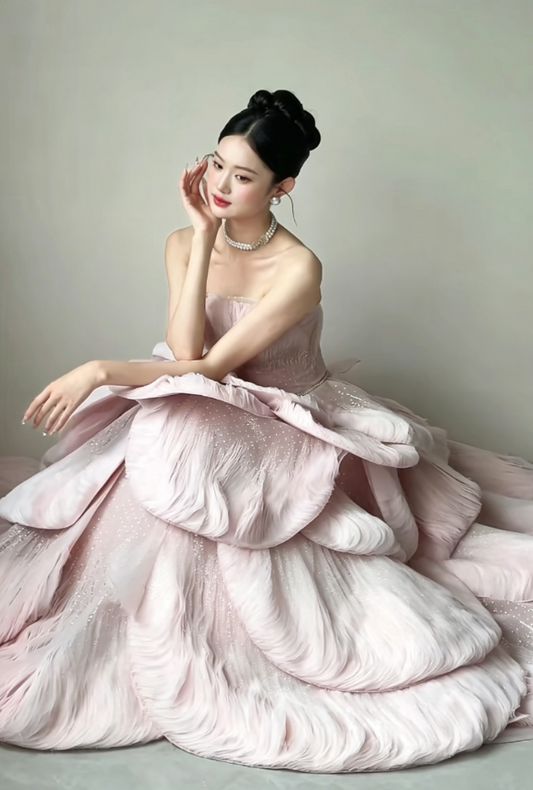 Ethereal Strapless Pink Prom Dress Sequins Tiered A-Line Evening Dress GG6212