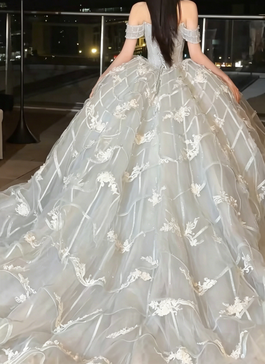 Exquisite Off-Shoulder Pastel Blue Wedding Dress Beading Appliques Tulle Bridal Dress GG6229
