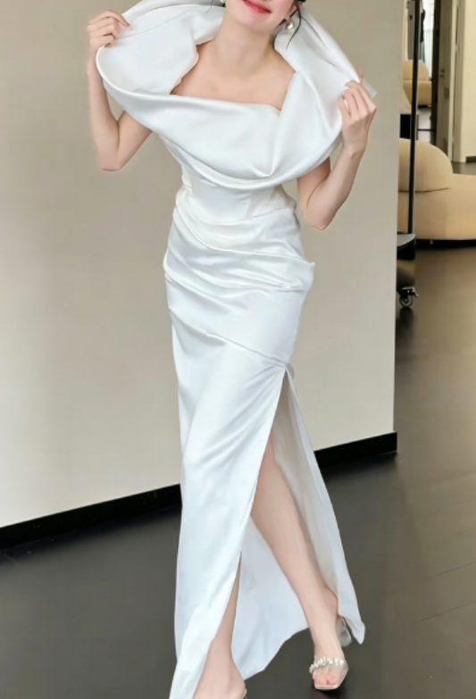 Simple Off-Shoulder White Wedding Dress Slit Satin Sheath Bridal Dress GG6235
