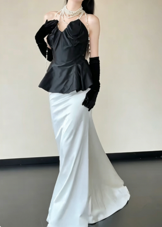 Vintage Strapless Black & White Prom Dress Satin Tiered Mermaid Evening Dress GG6239