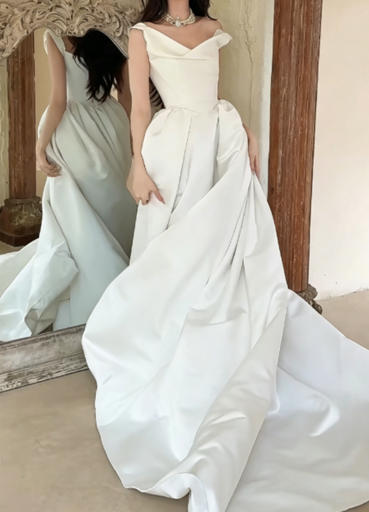 Attractive Off-Shoulder White Wedding Dress Satin A-Line Bridal Dress GG6250
