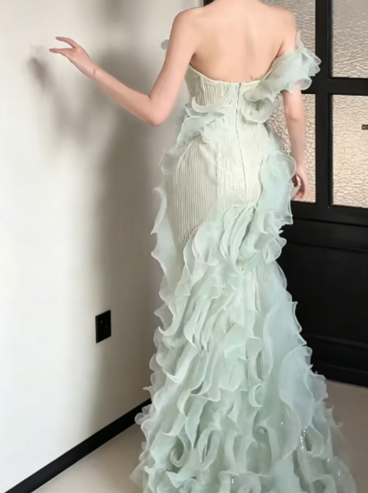 Sparkly One Shoulder Green Prom Dress Ruffles Sequins Mermaid Evening Dress GG6259