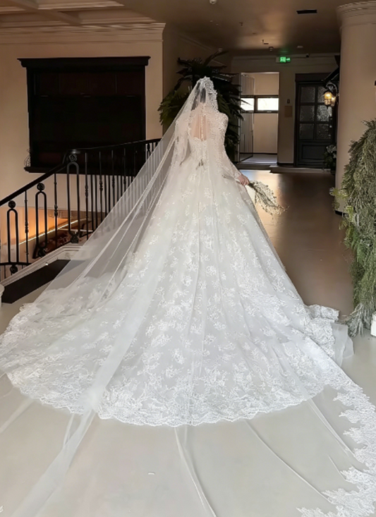 Romantic High Collar Lace Wedding Dress Long Sleeve Beaded A-Line Bridal Dress GG6263
