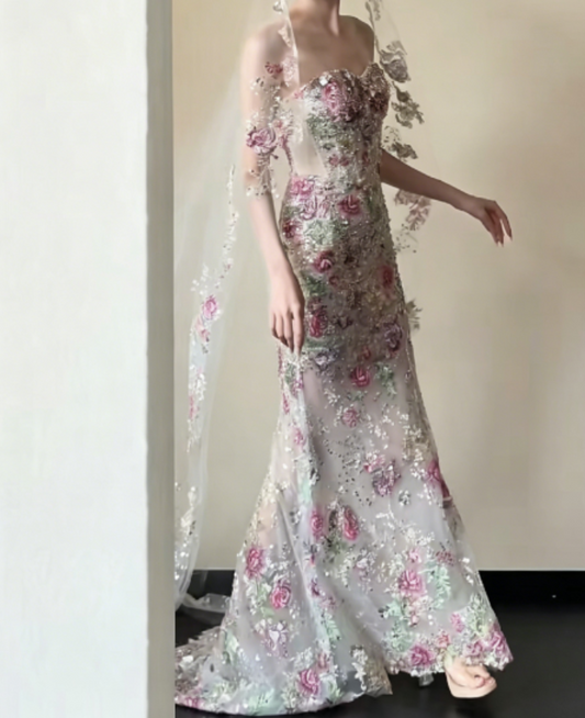 Ornate Strapless Pink Floral Prom Dress Sequins Mermaid Evening Dress GG6272