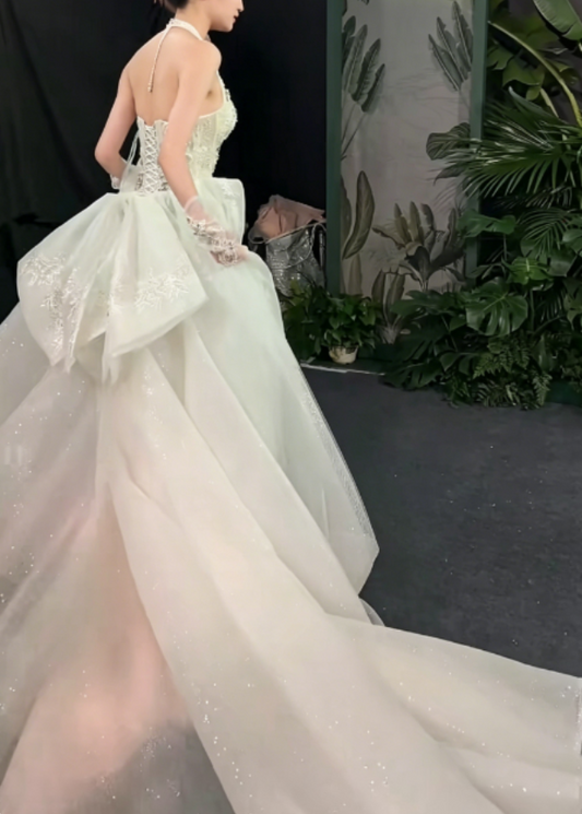 Charming Halter Neck Beaded Wedding Dress With Bow Train A-Line Bridal Dress GG6288