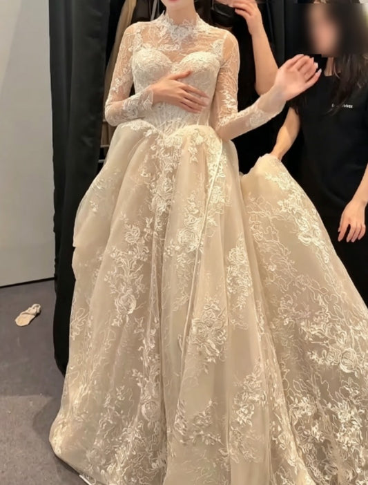 Elegant High Collar Lace Wedding Dress Long Sleeve A-Line Bridal Dress GG6289