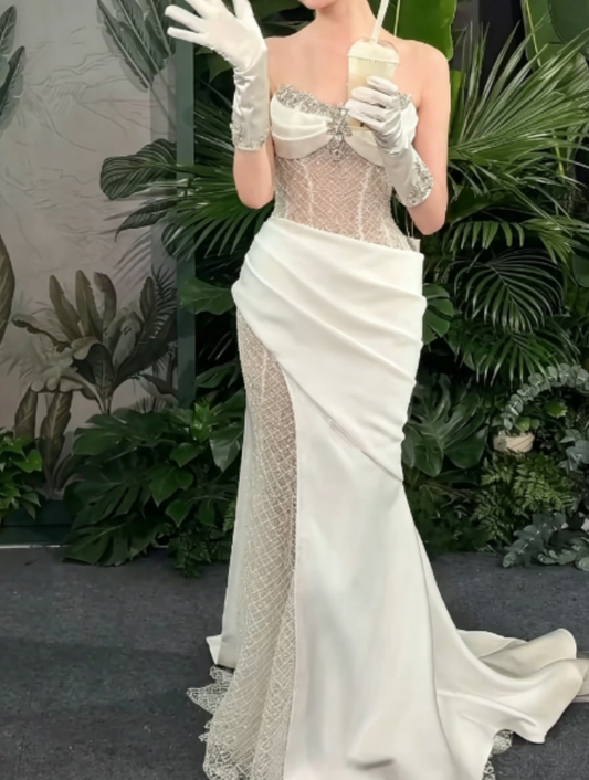 Unique Strapless White Prom Dress Satin Beaded Mesh Mermaid Evening Dress GG6290