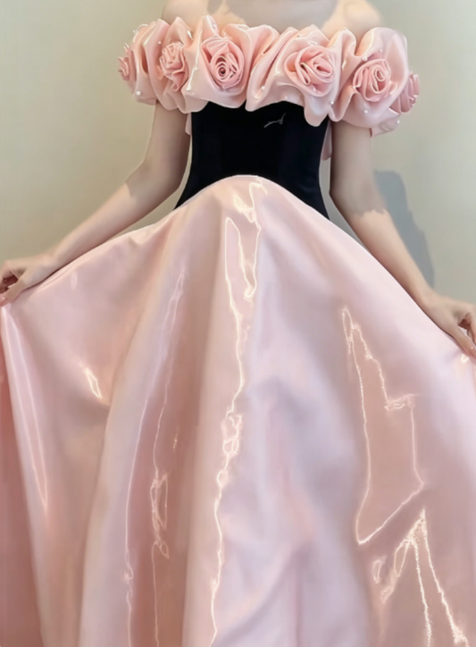 Lustrous Off-Shoulder Pink Prom Dress 3D Floral Beads A-Line Evening Dress GG6318