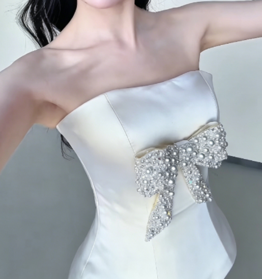 Luxury Strapless Homecoming Dress Pastel Yellow Birthday Outfit Beaded Bow Party Dress GG6322