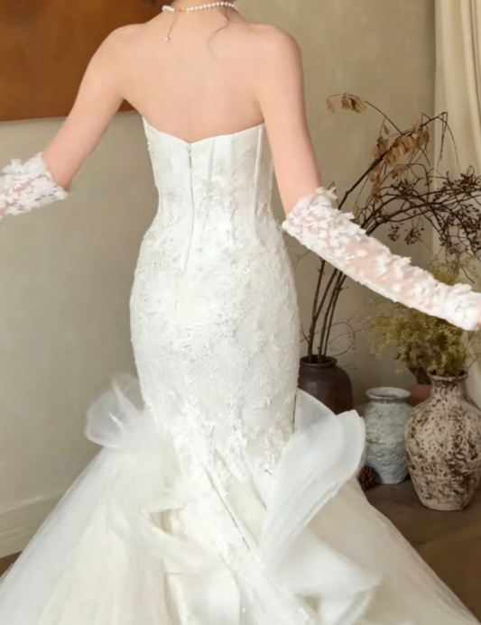 Elegant Strapless Sequins Wedding Dress Appliques Tulle Mermaid Bridal Dress GG6338