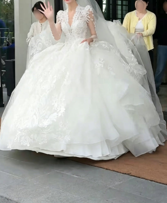 Romantic V Neck Wedding Dress Long Sleeve Appliques A-Line Bridal Dress GG6349