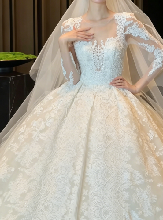 Ornate Square Neck Wedding Dress Long Sleeve Appliques A-Line Bridal Dress GG6350