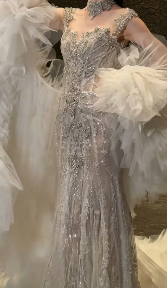 Luxury Beaded Illusion Neck Wedding Dress Sequins Mermaid Bridal Dress GG6355
