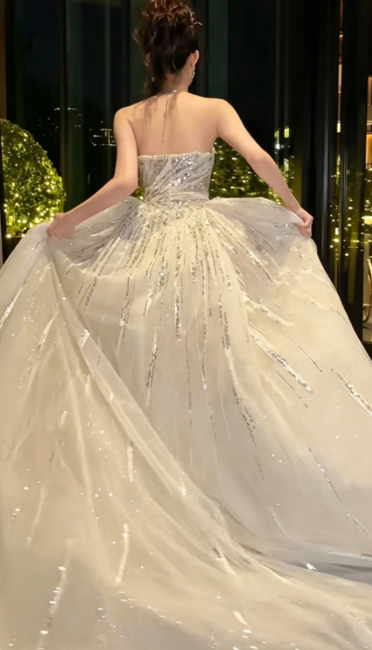 Glam Strapless White Wedding Dress With Train Sequins Mermaid Bridal Dress GG6357