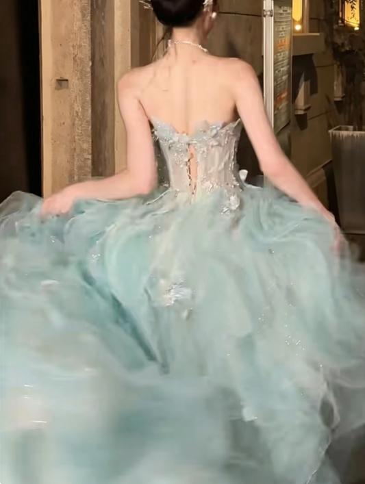 Dreamy Strapless Sequins Green Prom Dress Appliques Ruffles Tulle A-Line Evening Dress GG6365