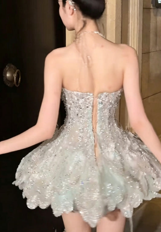 Glamorous Beaded Homecoming Dress Green Birthday Outfit Sequins Tiered Party Dress GG6366
