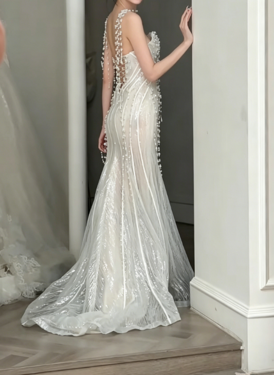 Glamorous Strapless Ivory Wedding Dress Sequins Beading A-Line Bridal Dress GG6390