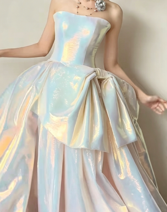 Iridescent Strapless White Prom Dress Satin Bow A-Line Evening Dress GG6421