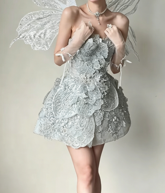 Glittering Strapless Silver Homecoming Dress Beaded A-Line Birthday Dress GG6432