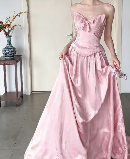 Sweet Strapless Pink Prom Dress Jacquard Bow A-Line Evening Dress GG6436