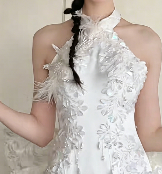 Chic Halter Neck Wedding Dress Beading Sequins Mermaid Bridal Dress GG6437
