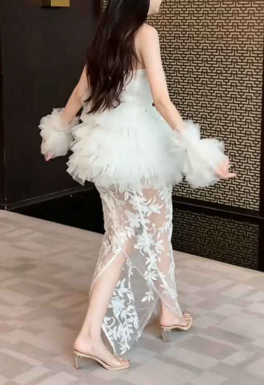 Trendy Strapless Slit Wedding Dress Crystals Tulle Sheath Bridal Dress GG6440