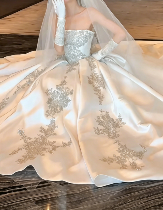 Glam Strapless Beaded Wedding Dress Satin A-Line Bridal Dress GG6454