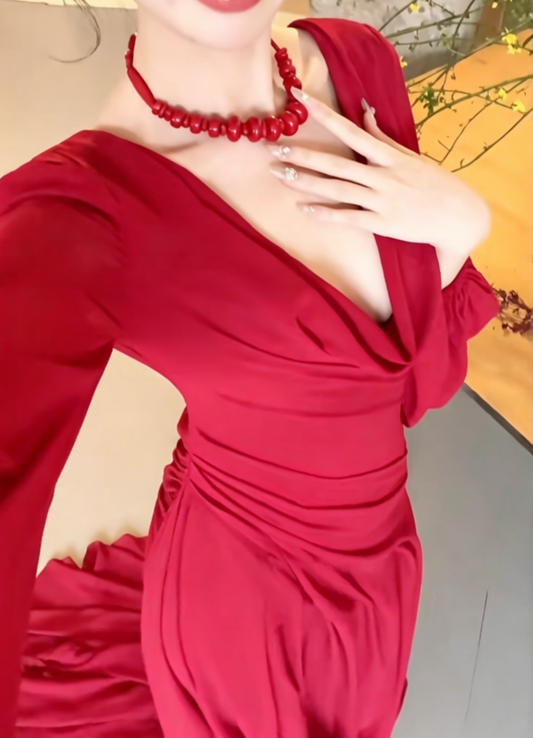 Trendy Ruched Red Prom Dress Long Sleeve A-Line Evening Dress GG6478