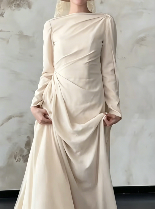 Minimalist Ivory Wedding Dress Long Sleeve Satin A-Line Bridal Dress GG6488
