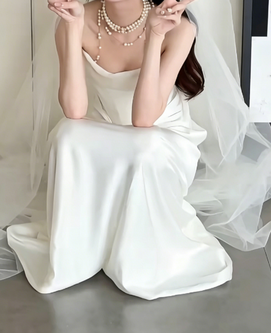 Chic Strapless Ruched Wedding Dress Satin Sheath Bridal Dress GG6534