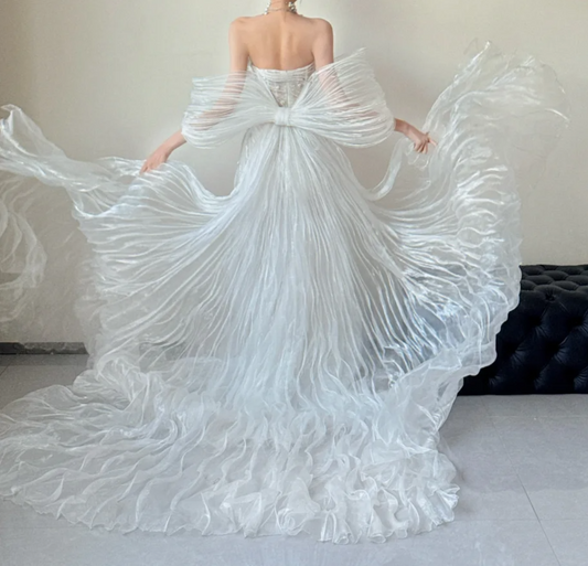 Glamorous Off-Shoulder Wedding Dress Sequins Pleated A-Line Bridal Dress GG6541