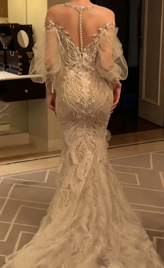 Romantic Illusion Neck Beaded Wedding Dress Long Sleeve Sequins Mermiad Bridal Dress GG6544