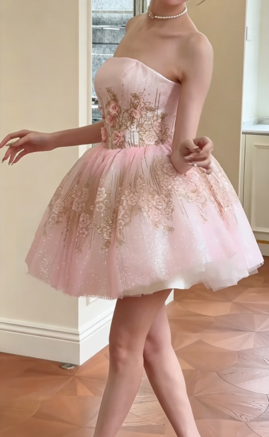 Graceful Strapless Pink Homecoming Dress Floral Sequins A-Line Birthday Dress GG6552
