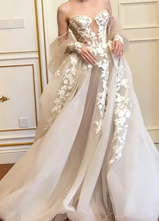 Unique Off-Shoulder Appliques Wedding Dress Long Sleeve Tulle A-Line Bridal Dress GG6556