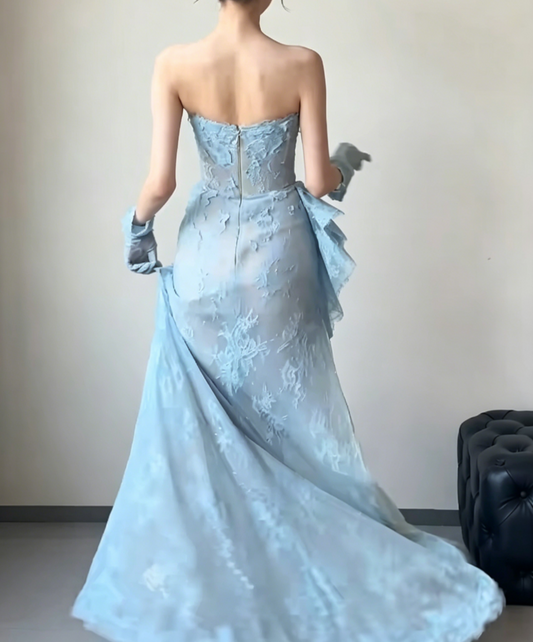 Playful Strapless Blue Prom Dress Lace High Slit Mermaid Evening Dress GG6559