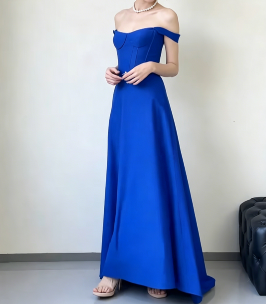 Simple Off-Shoulder Blue Prom Dress Long A-Line Evening Dress GG6563