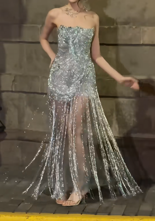 Glittering Strapless Silver Prom Dress Sequins Tassel Mermaid Evening Dress GG6568