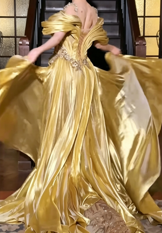 Attractive Jewel Neck Pleated Yellow Prom Dress Sequins Beaded Mermaid Evening Dress GG6572