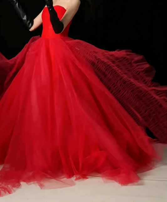 Alluring Strapless Red Prom Dress Tulle A-Line Evening Dress GG6578