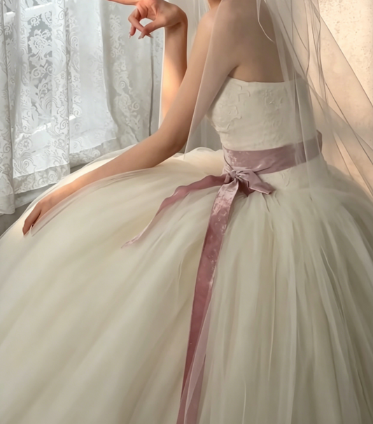Vintage Strapless Bodice Wedding Dress Long Tulle A-Line Bridal Dress GG6579