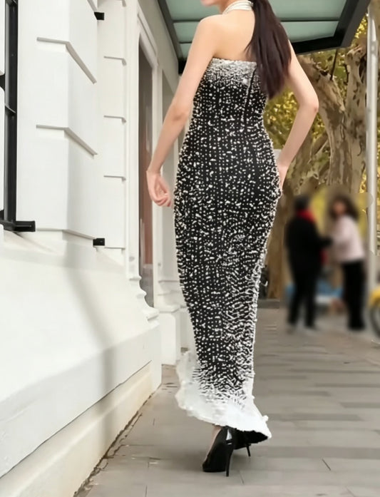 Alluring Strapless Black Prom Dress Pearls Mermaid Evening Dress GG6581