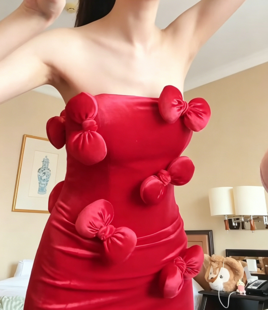 Playful Strapless Red Prom Dress Bows Mermaid Evening Dress GG6580