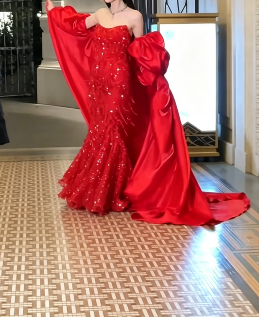 Chic Strapless Red Prom Dress Sequins Tassel Mermaid Evening Dress GG6583