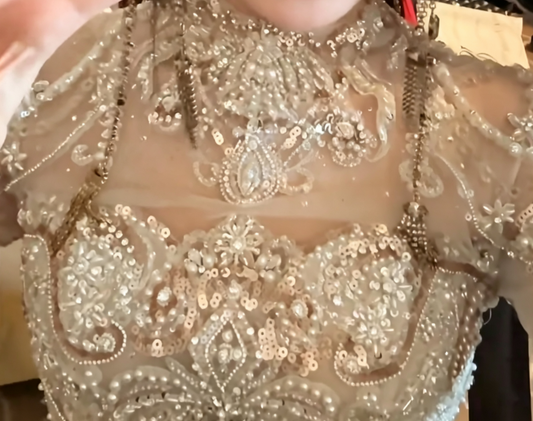 Exquisite High Collar Beaded Wedding Dress Long Sleeve Sequins Mermaid Bridal Dress GG6584
