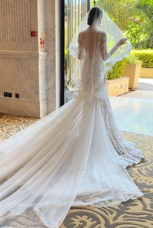 Romantic V Neck Wedding Dress Long Sleeve Lace Mermaid Bridal Dress GG6588