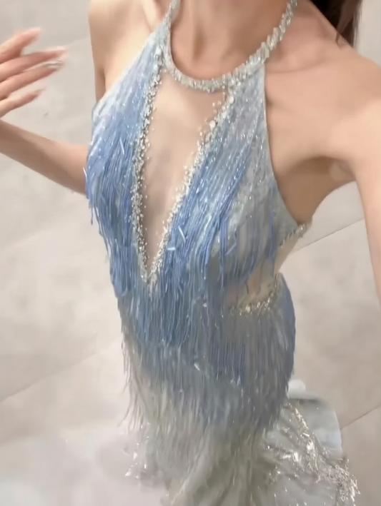 Glittering Halter Neck Slit Blue Prom Dress Sequins Tassel Beaded Mermaid Evening Dress GG6589
